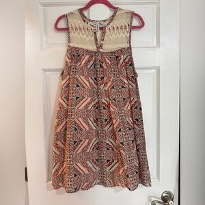 Linen Crochet Yoke Geometric Print Sleeveless Dress in Cream and Red